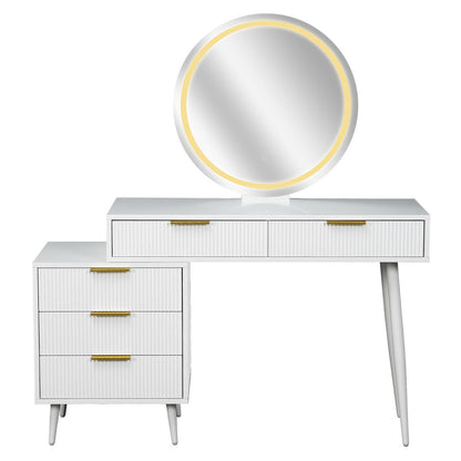 Serenity & Paisley Makeup Vanity Table & Stool Set in White features a sleek two-tier tabletop with an LED-backlit mirror and storage drawers, paired with a plush velvet stool.