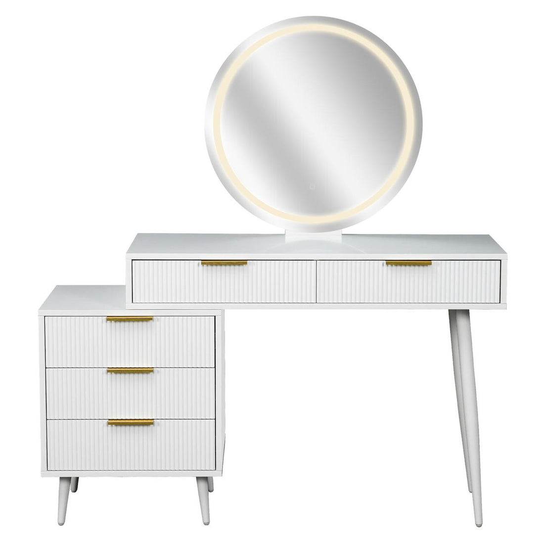 Serenity & Paisley Makeup Vanity Table & Stool Set in White features a modern vanity with a back-lit mirror, fluted drawers, sleek gold pulls, and a plush velvet round stool.