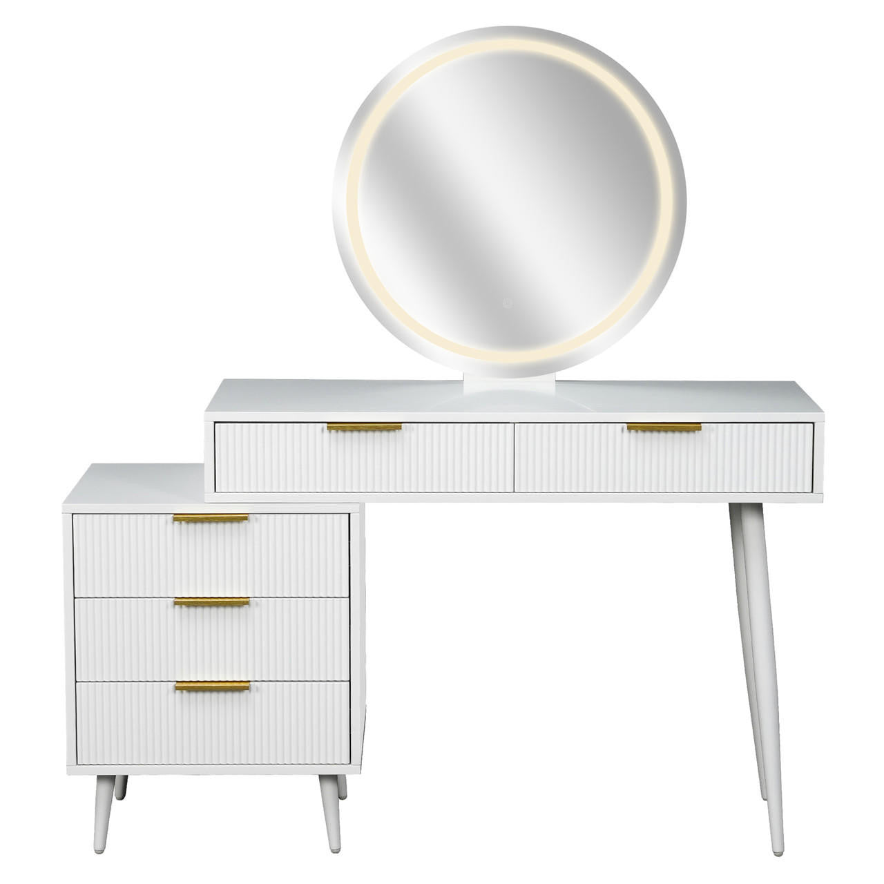 Serenity & Paisley Makeup Vanity Table & Stool Set in White features a modern vanity with a back-lit mirror, fluted drawers, sleek gold pulls, and a plush velvet round stool.