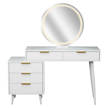 Serenity & Paisley Makeup Vanity Table & Stool Set in White features a modern vanity with a back-lit mirror, fluted drawers, sleek gold pulls, and a plush velvet round stool.