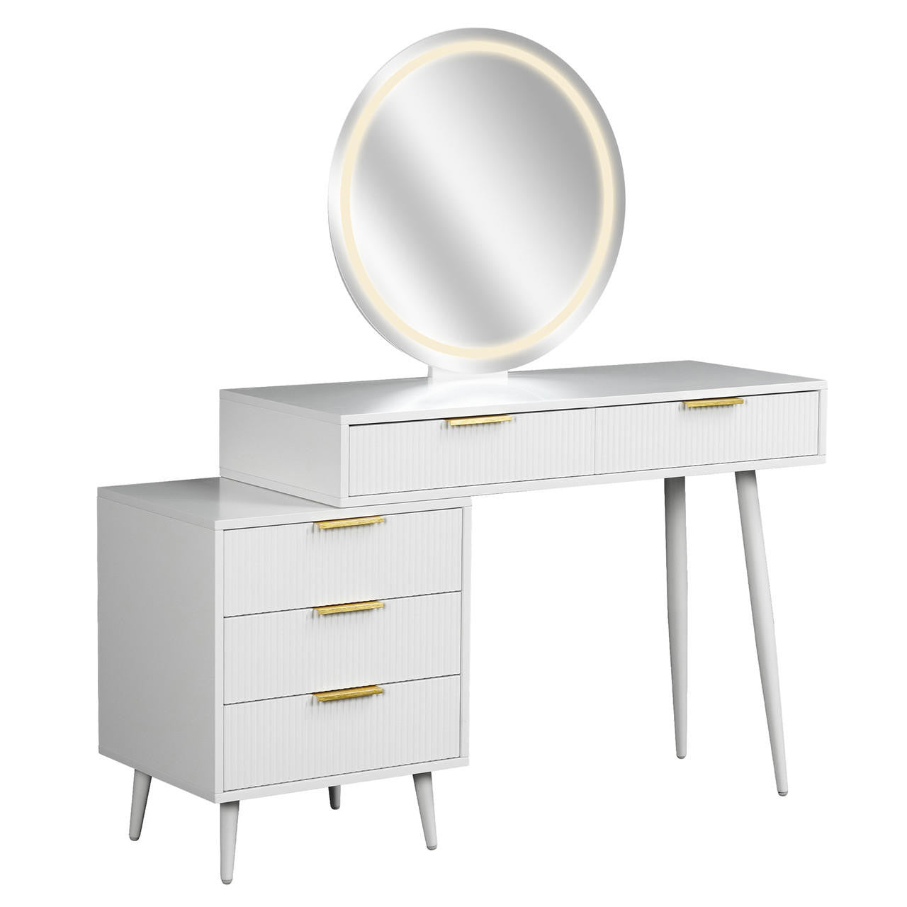 Modern Serenity & Paisley Makeup Vanity Table & Stool Set in White features a round LED mirror, three-drawer side cabinet, fluted design, and four tapered legs, paired with a plush velvet Paisley Stool.