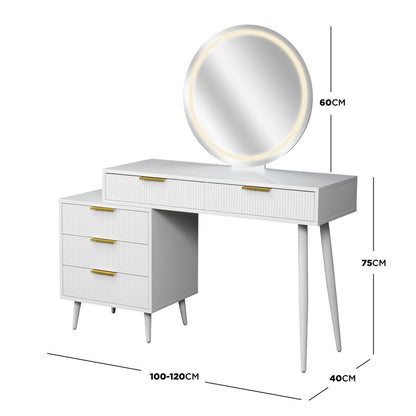 Serenity & Paisley Makeup Vanity Table & Stool Set in White, featuring a modern white dressing table with LED-lit round mirror, sleek tapered legs, gold-tone pulls, and matching plush velvet stool.