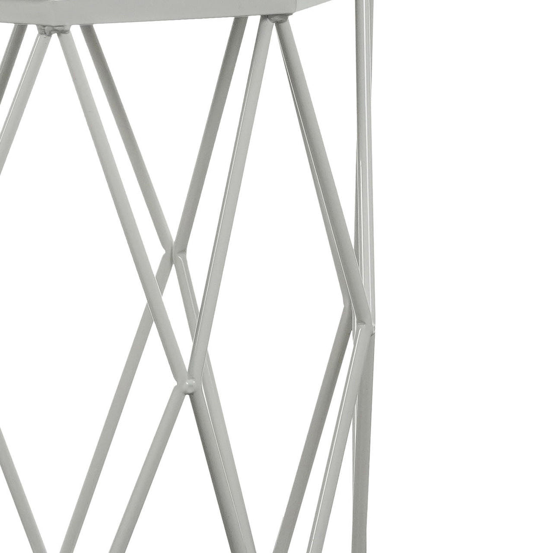 Serenity & Paisley Makeup Vanity Table & Stool Set in White features a white powder-coated metal wireframe with a diamond pattern, resembling a modern wire-frame accent table or stool design.