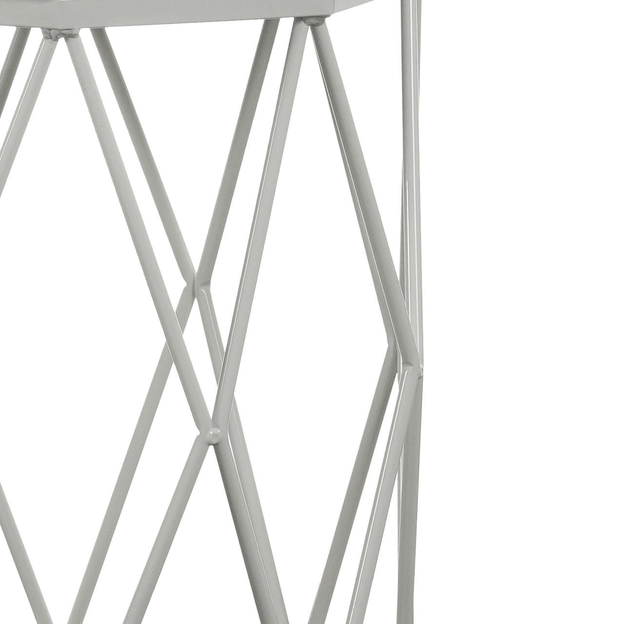 Serenity & Paisley Makeup Vanity Table & Stool Set in White features a white powder-coated metal wireframe with a diamond pattern, resembling a modern wire-frame accent table or stool design.