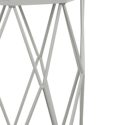 Serenity & Paisley Makeup Vanity Table & Stool Set in White features a white powder-coated metal wireframe with a diamond pattern, resembling a modern wire-frame accent table or stool design.