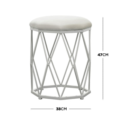 Serenity & Paisley Makeup Vanity Table & Stool Set in White features a decorative stool with a geometric metal base, round padded cushion, and intersecting hexagonal rods, measuring 38 cm in diameter and 47 cm tall.