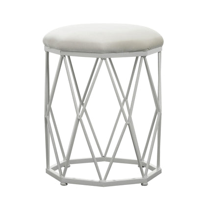 Serenity & Paisley Makeup Vanity Table & Stool Set in White features a round, padded pouf with a light fabric top and geometric white metal base, pairing elegance with modern design.