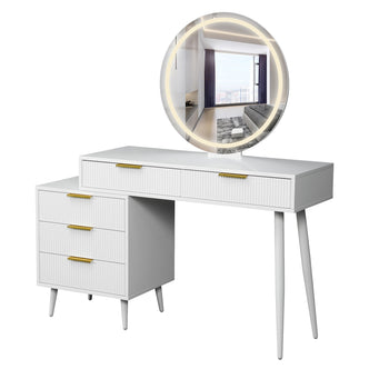 Serenity Makeup Vanity Table with LED Touch Mirror in White features a sleek design with fluted drawers and a spacious tabletop, complemented by a round LED-lit mirror for versatile lighting options.