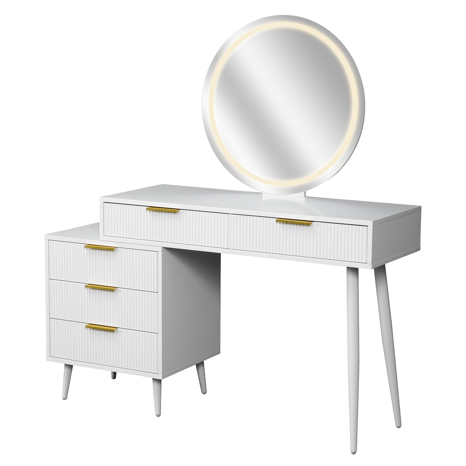Serenity Makeup Vanity Table with LED Touch Mirror in White features a round LED mirror, three ribbed drawers with gold-tone handles, and a minimalist design with tapered legs for modern elegance.