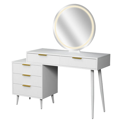 Serenity Makeup Vanity Table with LED Touch Mirror in White features a round LED mirror, three ribbed drawers with gold-tone handles, and a minimalist design with tapered legs for modern elegance.