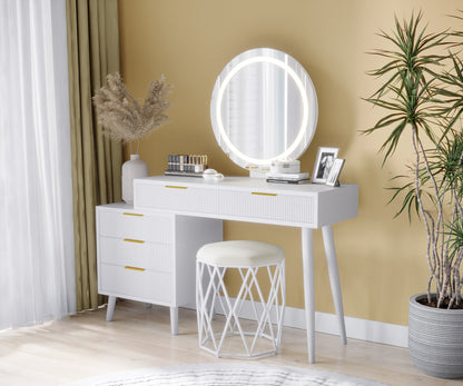 Serenity Makeup Vanity Table with LED Touch Mirror in White features a sleek design with three gold-handled drawers, illuminated mirror, and complementing stool, creating an elegant and functional vanity setup.