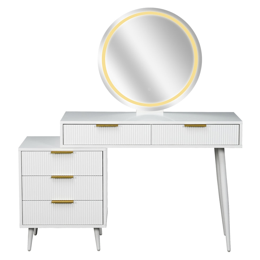 Serenity Makeup Vanity Table with LED Touch Mirror in White features a round mirror with LED lights, two slim drawers, and a separate three-drawer cabinet, all on tapering legs with gold-tone handles.