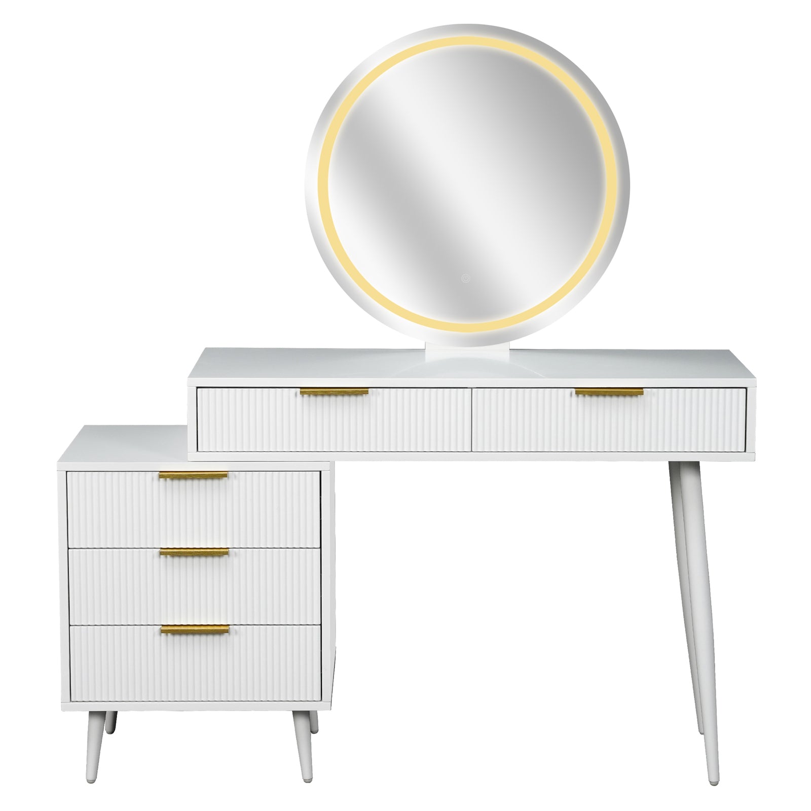Serenity Makeup Vanity Table with LED Touch Mirror in White features a round mirror with LED lights, two slim drawers, and a separate three-drawer cabinet, all on tapering legs with gold-tone handles.