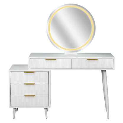 Serenity Makeup Vanity Table with LED Touch Mirror in White features a round mirror with LED lights, two slim drawers, and a separate three-drawer cabinet, all on tapering legs with gold-tone handles.