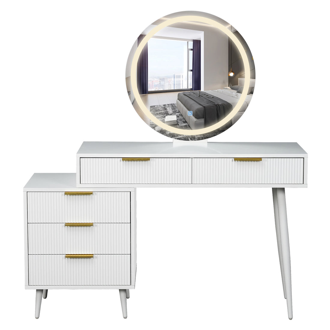 Serenity Makeup Vanity Table with LED Touch Mirror in White, featuring fluted texture drawers, gold-tone handles, and a slim tapered leg. Integrated round LED mirror enhances modern design.