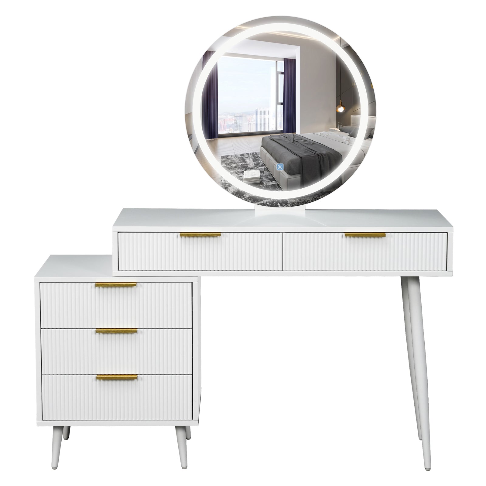 Serenity Makeup Vanity Table with LED Touch Mirror in White features a large round LED mirror, three drawers on the left, two smaller raised drawers, and a sleek single leg for support.