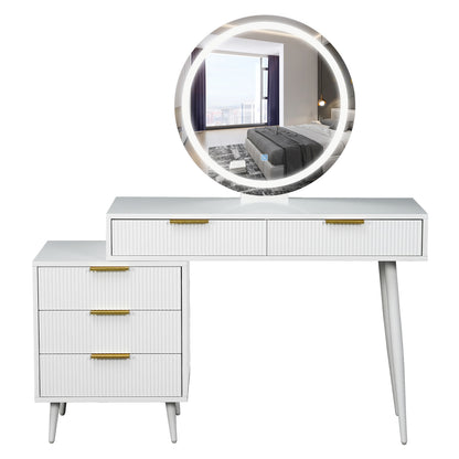 Serenity Makeup Vanity Table with LED Touch Mirror in White features a large round LED mirror, three drawers on the left, two smaller raised drawers, and a sleek single leg for support.