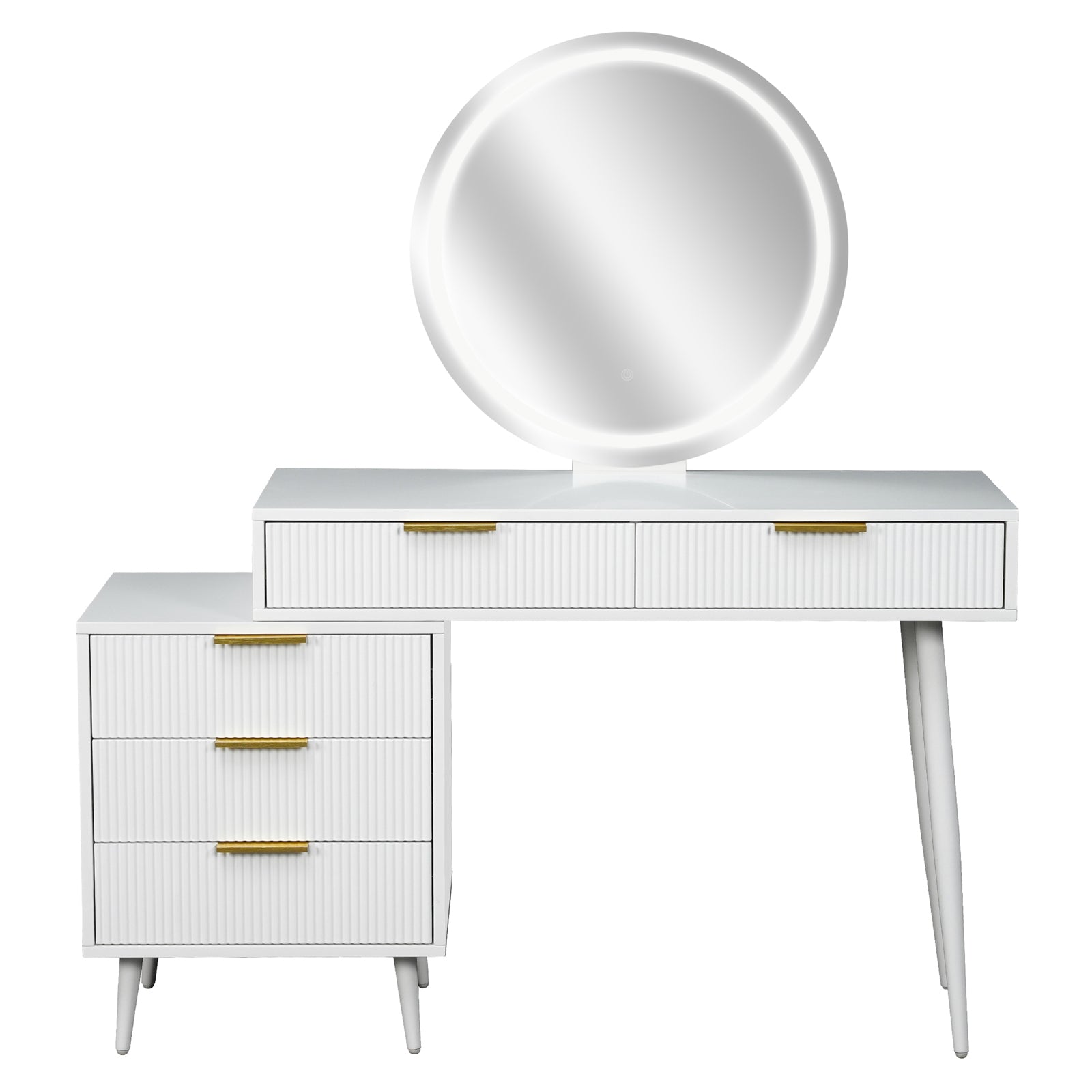 Serenity Makeup Vanity Table with LED Touch Mirror in White, featuring a round backlit mirror, fluted drawers with gold-tone handles, and splayed legs. Perfect for stylish, organized beauty routines.