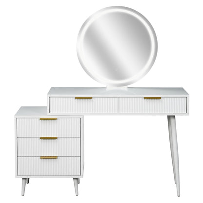 Serenity Makeup Vanity Table with LED Touch Mirror in White, featuring a round backlit mirror, fluted drawers with gold-tone handles, and splayed legs. Perfect for stylish, organized beauty routines.