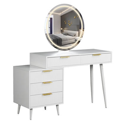 The Serenity Makeup Vanity Table with LED Touch Mirror in White features a round LED-lit mirror, five fluted drawers, and tapered legs, combining elegance and functionality for modern bedroom decor.