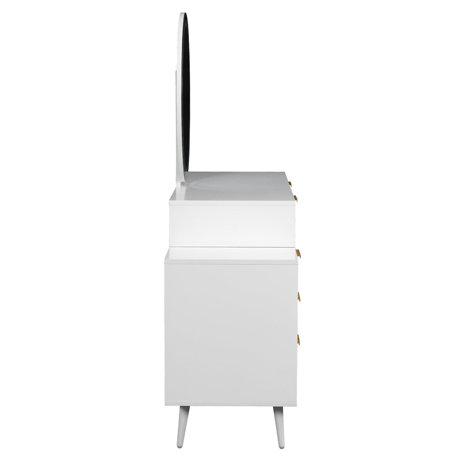Serenity Makeup Vanity Table with LED Touch Mirror in White, featuring a mid-century design with stacked blocks, fluted drawers, brass-tone pulls, and a large round mirror on tapered legs.