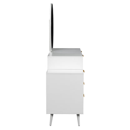 Serenity Makeup Vanity Table with LED Touch Mirror in White, featuring a mid-century design with stacked blocks, fluted drawers, brass-tone pulls, and a large round mirror on tapered legs.