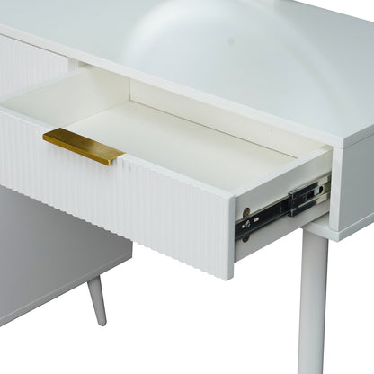 Serenity Makeup Vanity Table with LED Touch Mirror in White features a modern white design with fluted drawer texture and brass handle, showcasing its elegance and functionality for stylish storage.
