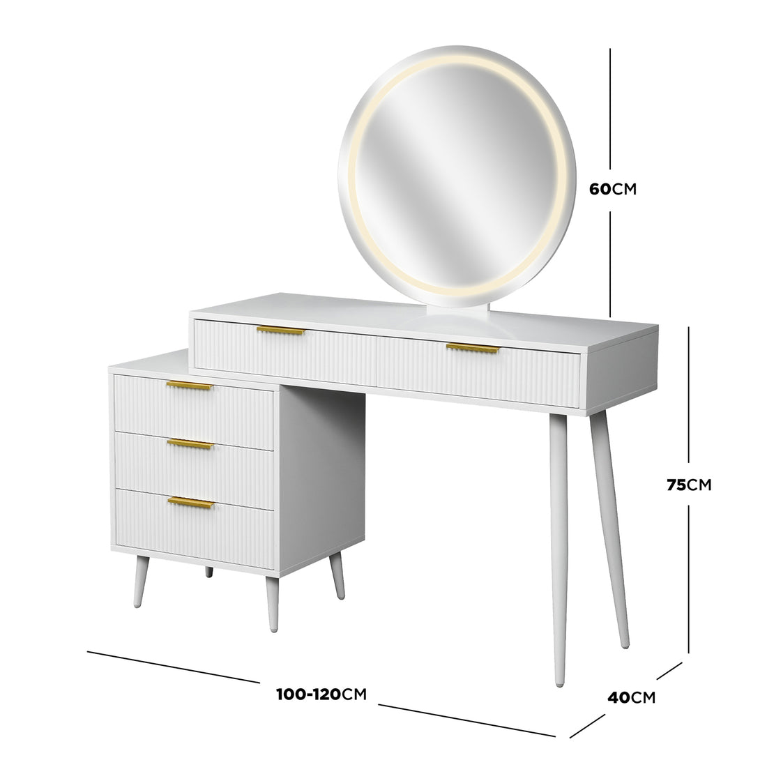 Serenity Makeup Vanity Table with LED Touch Mirror in White features a round mirror with LED light, fluted drawers, and tapered legs, offering stylish storage and adjustable width for versatile use.
