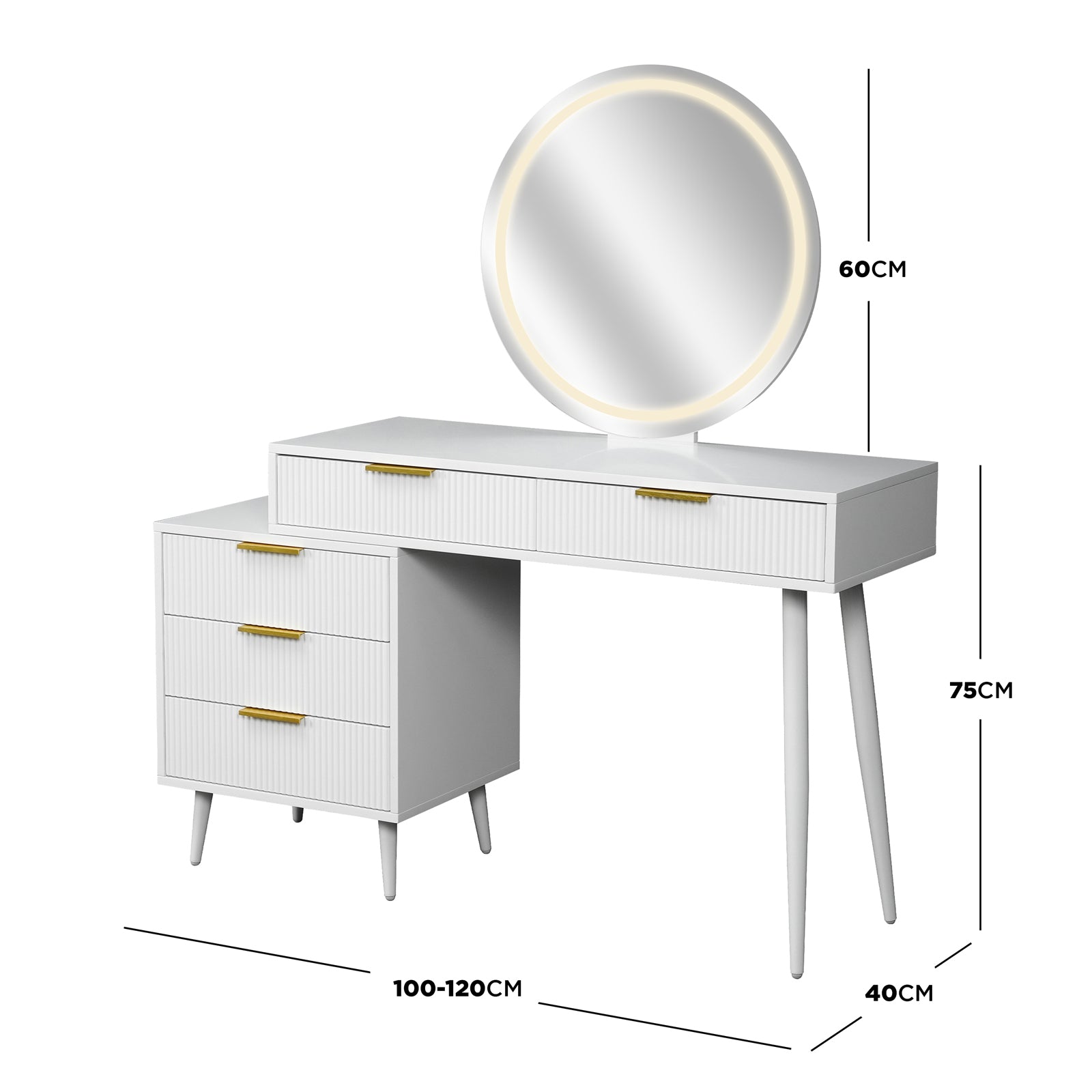 Serenity Makeup Vanity Table with LED Touch Mirror in White features a round mirror with LED light, fluted drawers, and tapered legs, offering stylish storage and adjustable width for versatile use.