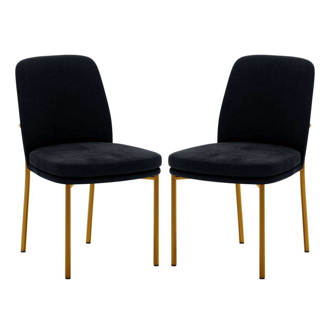 Shannon Velvet Dining Chair Set of 2 in Black features plush black upholstered seats and backs with gold-colored metal legs, exuding modern elegance and comfort for dining or accent seating.