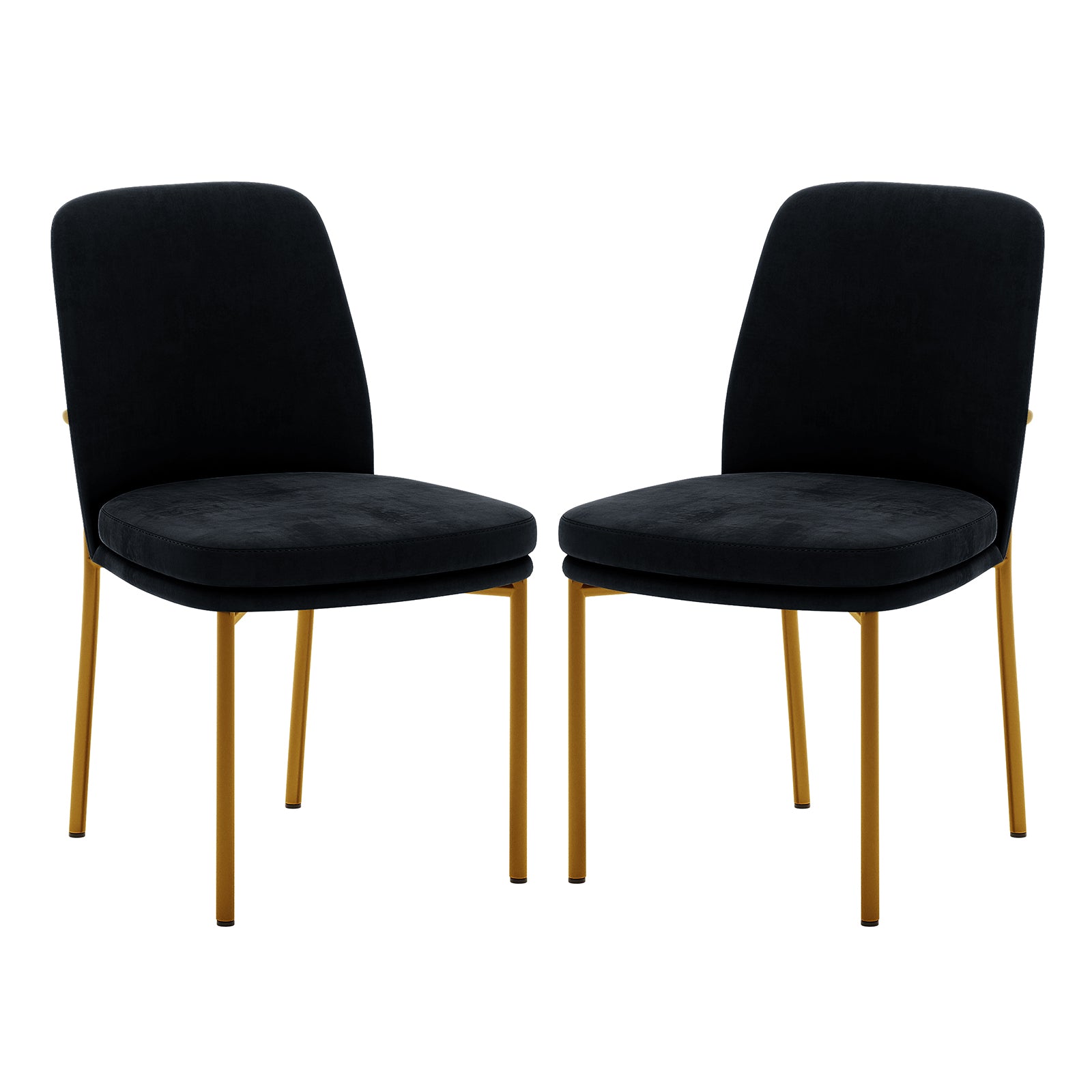 Shannon Velvet Dining Chair Set of 2 in Black features plush black upholstered seats and backs with gold-colored metal legs, exuding modern elegance and comfort for dining or accent seating.