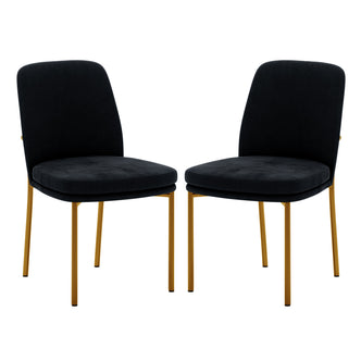 Shannon Velvet Dining Chair Set of 2 in Black features plush black upholstered seats and backs with gold-colored metal legs, exuding modern elegance and comfort for dining or accent seating.