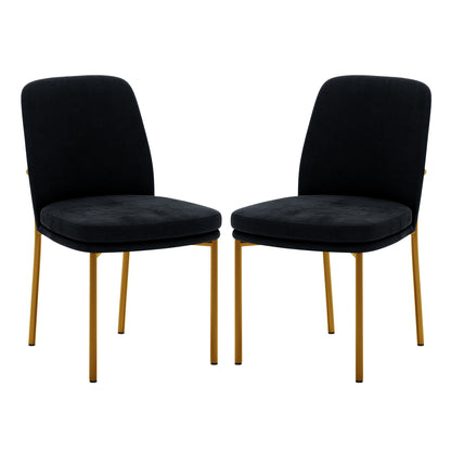 Shannon Velvet Dining Chair Set of 2 in Black features plush black upholstered seats and backs with gold-colored metal legs, exuding modern elegance and comfort for dining or accent seating.