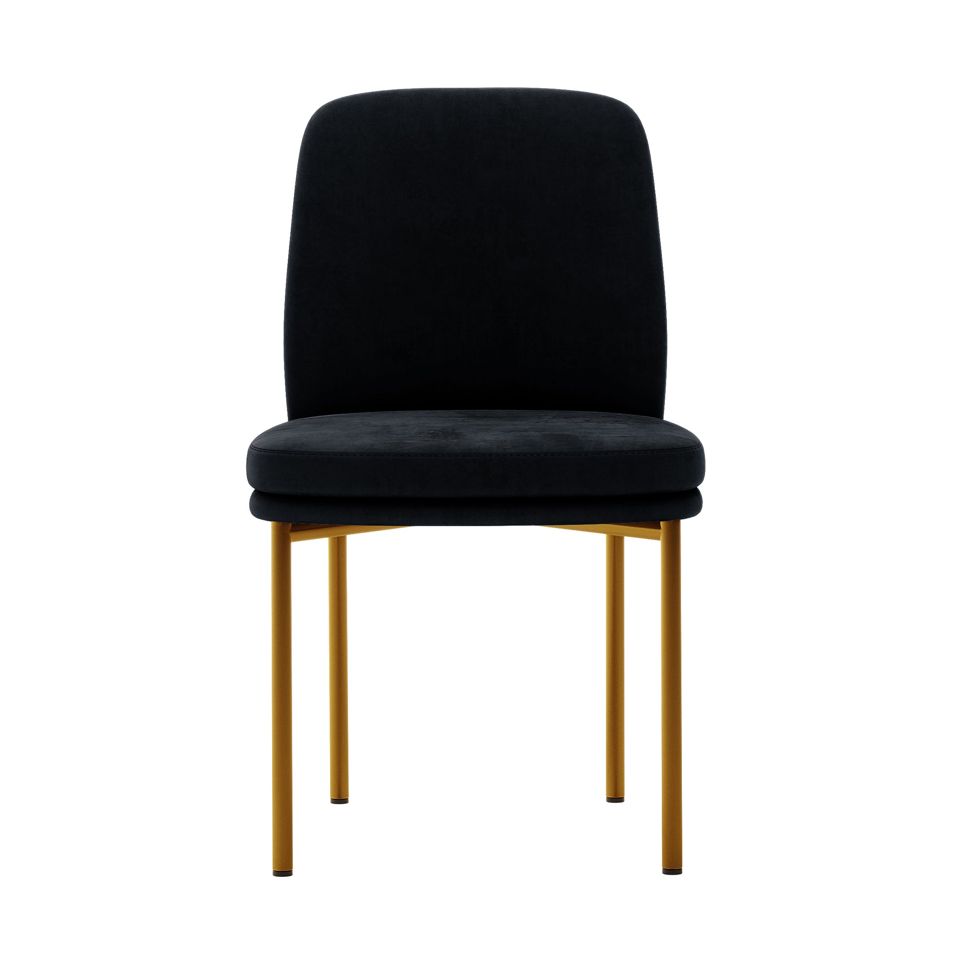 Shannon Velvet Dining Chair Set of 2 in Black features armless chairs with padded, rounded backrests and seats upholstered in dark velvet, complemented by sleek, brushed-gold metal legs.