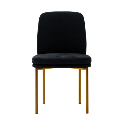 Shannon Velvet Dining Chair Set of 2 in Black features armless chairs with padded, rounded backrests and seats upholstered in dark velvet, complemented by sleek, brushed-gold metal legs.