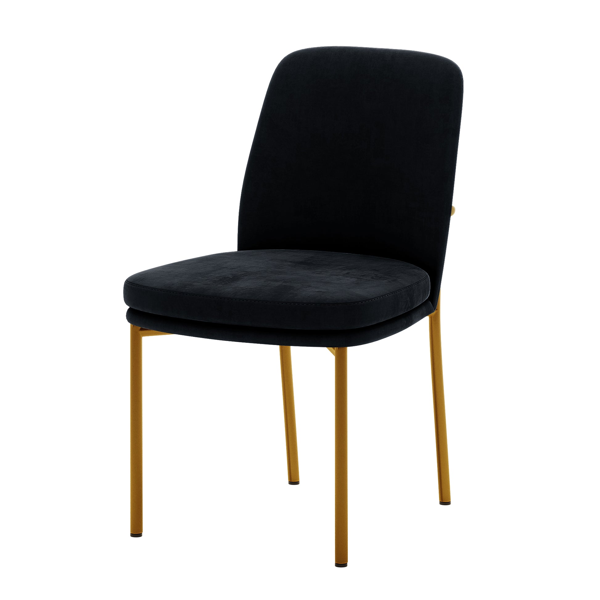 Shannon Velvet Dining Chair Set of 2 in Black features plush, dark fabric upholstery and sleek brass-tone legs, offering a luxurious and modern touch to any dining or accent space.