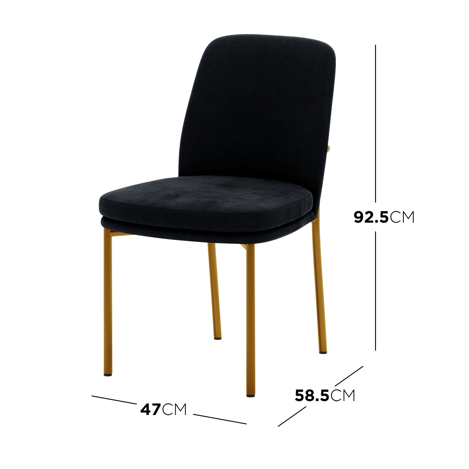 Shannon Velvet Dining Chair Set of 2 in Black features a modern design with padded velvet seats, curved backrests, and slim gold metal legs, offering elegance and comfort for dining spaces.