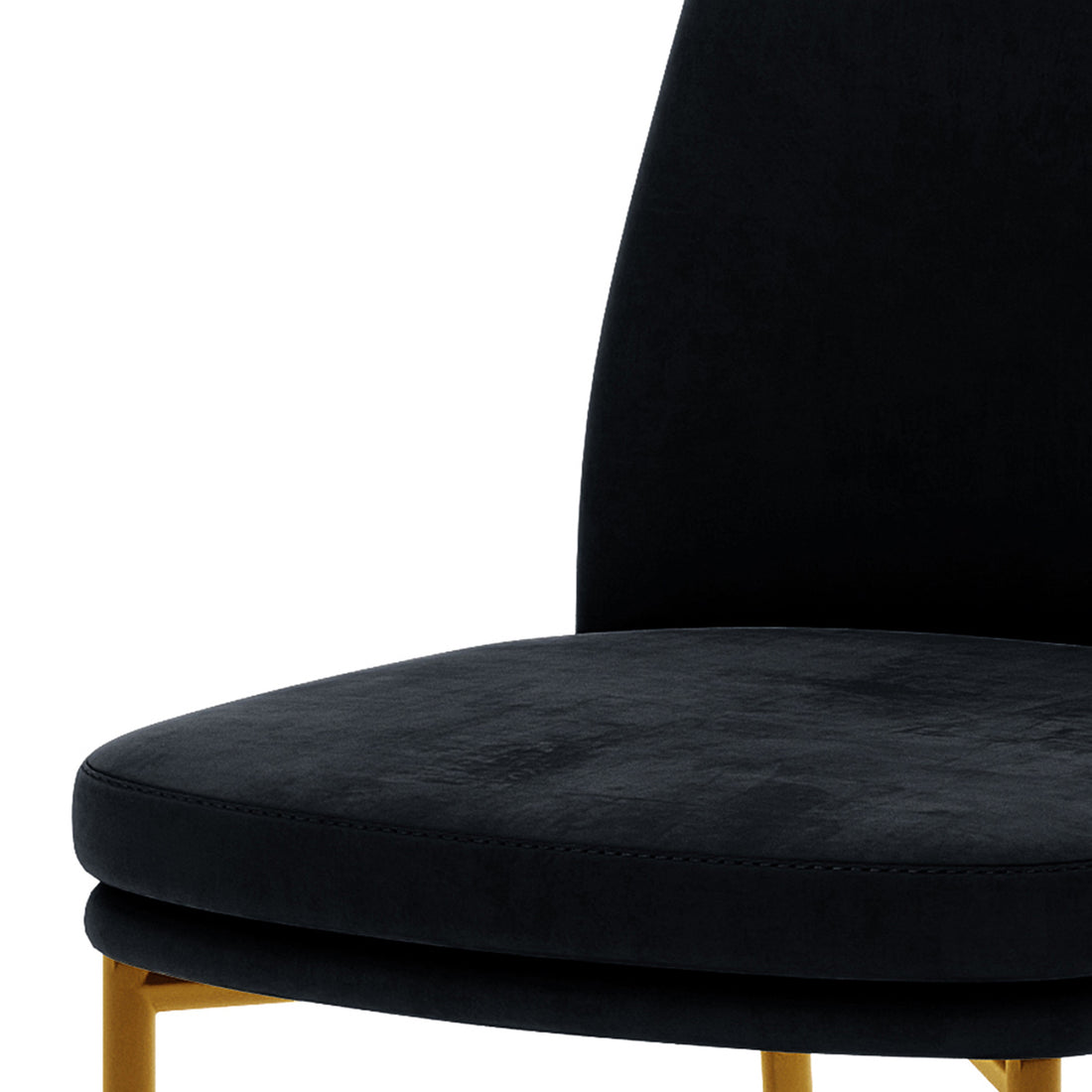 Close-up of the Shannon Velvet Dining Chair Set of 2 in Black, highlighting its plush black velvet seat and slim gold-finished metal frame, exuding modern elegance and comfort.