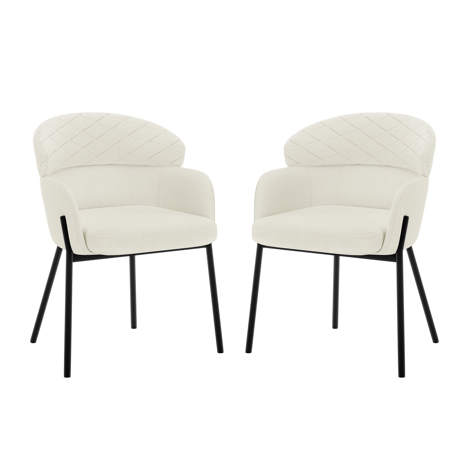 Sofia Chenille Fabric Dining Chair Off White Set of 2 features plush white upholstery and sleek black legs, offering a modern and comfortable seating solution for dining or accent use.