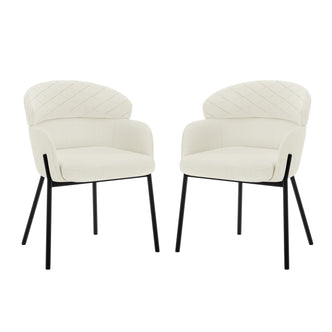 Sofia Chenille Fabric Dining Chair Off White Set of 2 features plush white upholstery and sleek black legs, offering a modern and comfortable seating solution for dining or accent use.