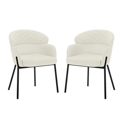 Sofia Chenille Fabric Dining Chair Off White Set of 2 features plush white upholstery and sleek black legs, offering a modern and comfortable seating solution for dining or accent use.