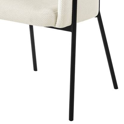 Sofia Chenille Fabric Dining Chair Off White Set of 2 features a white chair with black legs, showcasing a Scandinavian design with a curved backrest and armrest support for elegant dining spaces.