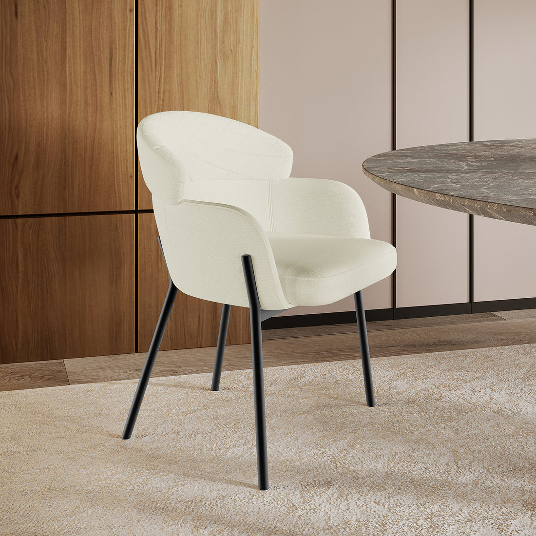 Sofia Chenille Fabric Dining Chair Off White Set of 2, featuring a white chair with black legs, positioned next to a table, highlighting its elegant Scandinavian design and sturdy build.