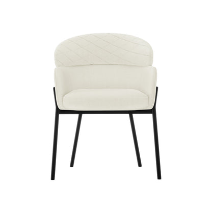 Sofia Chenille Fabric Dining Chair Off White Set of 2, featuring a plush armrest design with a curved backrest and black legs, exemplifying Scandinavian elegance and comfort.