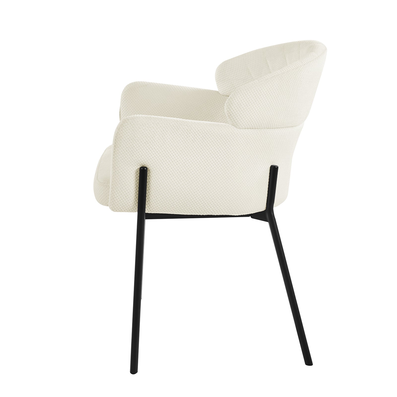 Sofia Chenille Fabric Dining Chair Off White Set of 2 features a white chair with sleek black legs, showcasing a Scandinavian design with armrests, perfect for adding elegance and comfort to any space.