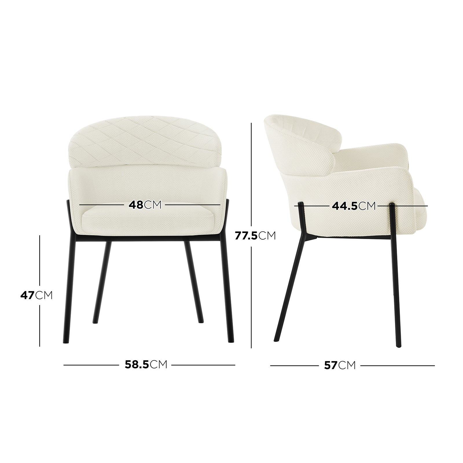 Sofia Chenille Fabric Dining Chair Off White Set of 2, featuring a white chair with black legs and a white cushion with a diamond pattern, embodying Scandinavian style and armrest design.