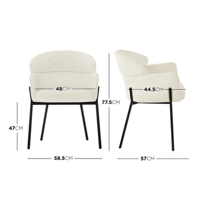 Sofia Chenille Fabric Dining Chair Off White Set of 2, featuring a white chair with black legs and a white cushion with a diamond pattern, embodying Scandinavian style and armrest design.