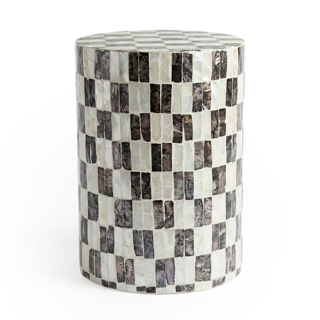 Checkered mosaic cylindrical side table against white background