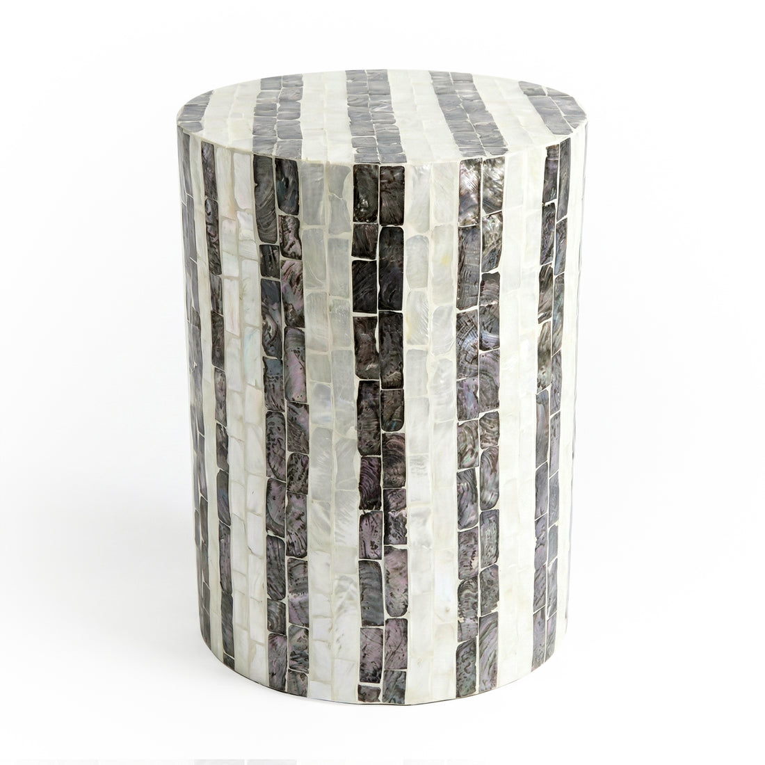 Full view of cylindrical mosaic side table on white background