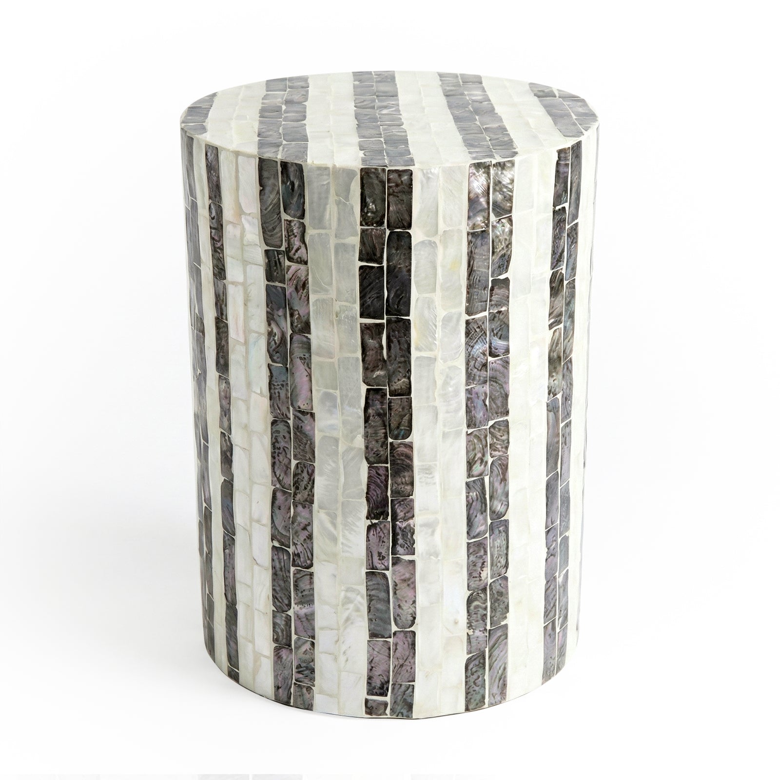 Full view of cylindrical mosaic side table on white background